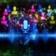 Futuristische Soundwave aus bunten Neonlinien mit verpixelten Avataren, KI-Chip und holografischen Mikrofonen in digitaler Matrix.