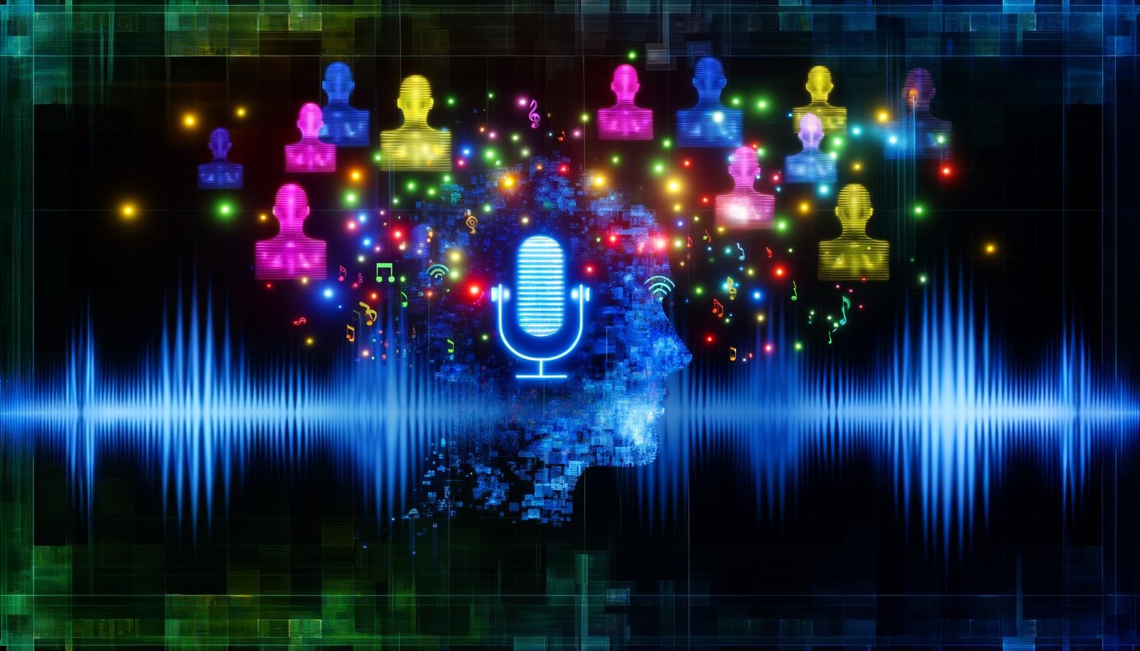Futuristische Soundwave aus bunten Neonlinien mit verpixelten Avataren, KI-Chip und holografischen Mikrofonen in digitaler Matrix.