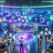 Marketer-Team arbeitet an holografischem Dashboard mit Datenvisualisierungen, Echtzeit-Analytics, KPIs und KI-Marketing-Insights im futuristischen Büro mit Neon-Akzenten.