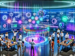Marketer-Team arbeitet an holografischem Dashboard mit Datenvisualisierungen, Echtzeit-Analytics, KPIs und KI-Marketing-Insights im futuristischen Büro mit Neon-Akzenten.