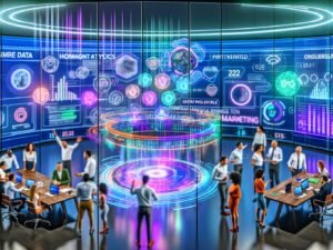 Marketer-Team arbeitet an holografischem Dashboard mit Datenvisualisierungen, Echtzeit-Analytics, KPIs und KI-Marketing-Insights im futuristischen Büro mit Neon-Akzenten.