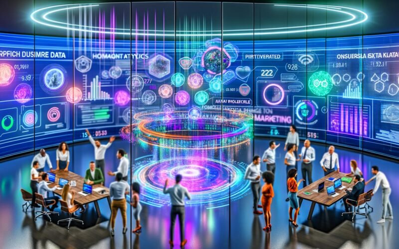 Marketer-Team arbeitet an holografischem Dashboard mit Datenvisualisierungen, Echtzeit-Analytics, KPIs und KI-Marketing-Insights im futuristischen Büro mit Neon-Akzenten.