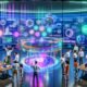 Marketer-Team arbeitet an holografischem Dashboard mit Datenvisualisierungen, Echtzeit-Analytics, KPIs und KI-Marketing-Insights im futuristischen Büro mit Neon-Akzenten.