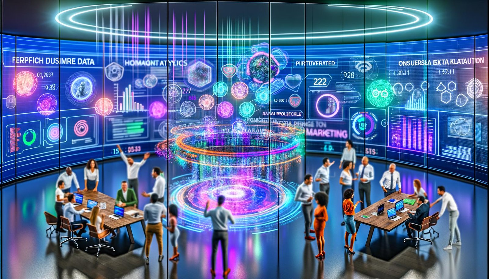 Marketer-Team arbeitet an holografischem Dashboard mit Datenvisualisierungen, Echtzeit-Analytics, KPIs und KI-Marketing-Insights im futuristischen Büro mit Neon-Akzenten.