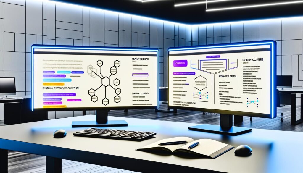 Moderner Arbeitsplatz mit zwei Monitoren, die SEO-Analytics, KI-Content-Tools und Keyword-Cluster darstellen, daneben Sticky Notes mit SEO-Begriffen.