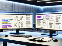 Moderner Arbeitsplatz mit zwei Monitoren, die SEO-Analytics, KI-Content-Tools und Keyword-Cluster darstellen, daneben Sticky Notes mit SEO-Begriffen.