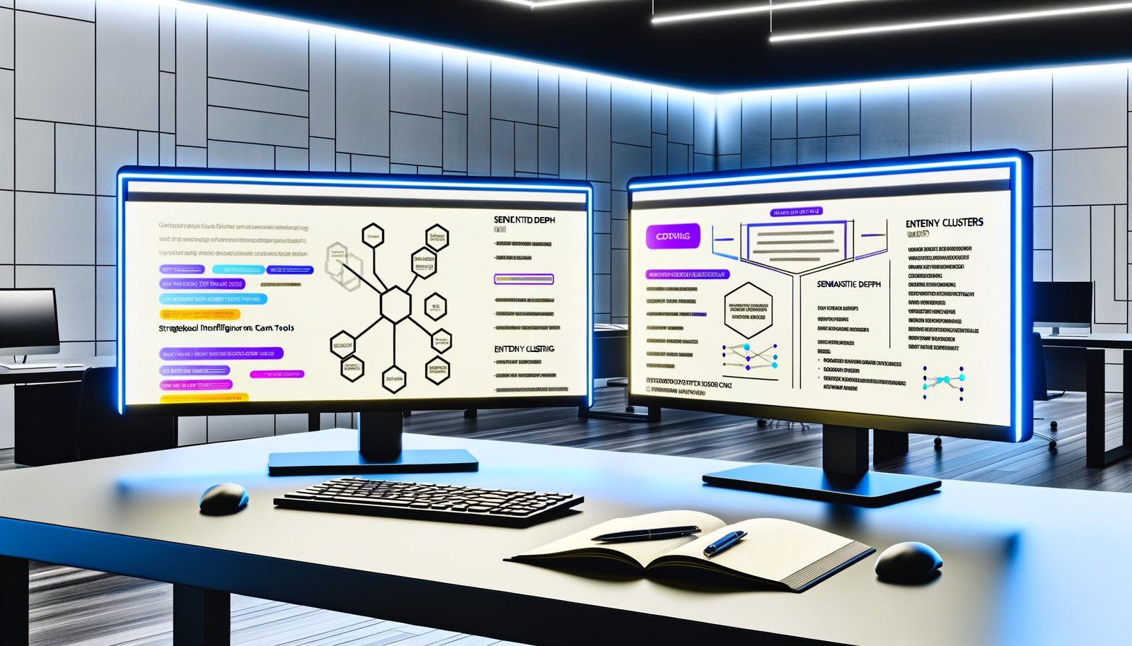 Moderner Arbeitsplatz mit zwei Monitoren, die SEO-Analytics, KI-Content-Tools und Keyword-Cluster darstellen, daneben Sticky Notes mit SEO-Begriffen.