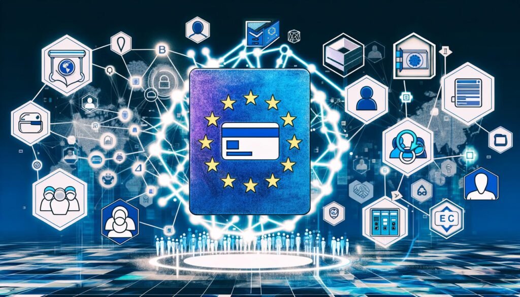 Digitale Collage mit futuristischer Bürgerkarte, Blockchain-Blöcken, Smartphone mit Wallet-App, EU-Flagge und abstrahierten Behördengebäuden sowie Konzernlogos im neonfarbenen, kontrastreichen Stil.
