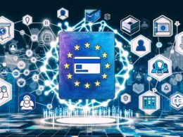 Digitale Collage mit futuristischer Bürgerkarte, Blockchain-Blöcken, Smartphone mit Wallet-App, EU-Flagge und abstrahierten Behördengebäuden sowie Konzernlogos im neonfarbenen, kontrastreichen Stil.