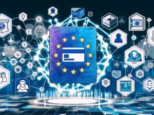 Digitale Collage mit futuristischer Bürgerkarte, Blockchain-Blöcken, Smartphone mit Wallet-App, EU-Flagge und abstrahierten Behördengebäuden sowie Konzernlogos im neonfarbenen, kontrastreichen Stil.