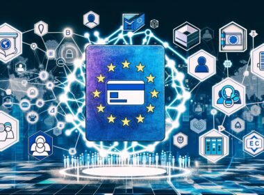 Digitale Collage mit futuristischer Bürgerkarte, Blockchain-Blöcken, Smartphone mit Wallet-App, EU-Flagge und abstrahierten Behördengebäuden sowie Konzernlogos im neonfarbenen, kontrastreichen Stil.