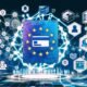 Digitale Collage mit futuristischer Bürgerkarte, Blockchain-Blöcken, Smartphone mit Wallet-App, EU-Flagge und abstrahierten Behördengebäuden sowie Konzernlogos im neonfarbenen, kontrastreichen Stil.