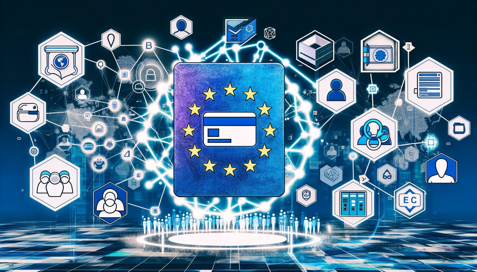 Digitale Collage mit futuristischer Bürgerkarte, Blockchain-Blöcken, Smartphone mit Wallet-App, EU-Flagge und abstrahierten Behördengebäuden sowie Konzernlogos im neonfarbenen, kontrastreichen Stil.