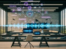 Futuristischer Loft-Arbeitsplatz mit stilvollem Schreibtisch, mehreren Monitoren mit Audiowellen, Transkriptionssoftware, API-Diagrammen und schwebenden Begriffen wie Innovation und KI.