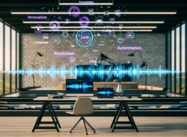Futuristischer Loft-Arbeitsplatz mit stilvollem Schreibtisch, mehreren Monitoren mit Audiowellen, Transkriptionssoftware, API-Diagrammen und schwebenden Begriffen wie Innovation und KI.