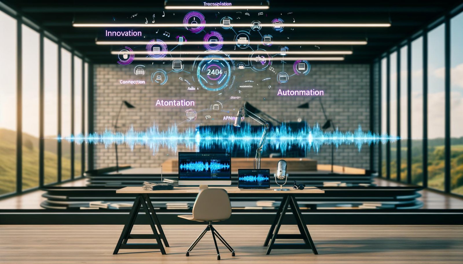 Futuristischer Loft-Arbeitsplatz mit stilvollem Schreibtisch, mehreren Monitoren mit Audiowellen, Transkriptionssoftware, API-Diagrammen und schwebenden Begriffen wie Innovation und KI.