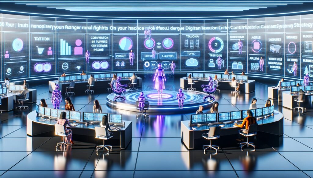 Modernes Büro 2025 mit digitalen Marketern, holografischen Bildschirmen, großem Content-Strategie-Dashboard und KI-Assistent im Vordergrund