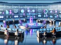 Modernes Büro 2025 mit digitalen Marketern, holografischen Bildschirmen, großem Content-Strategie-Dashboard und KI-Assistent im Vordergrund