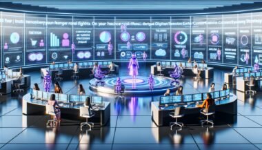 Modernes Büro 2025 mit digitalen Marketern, holografischen Bildschirmen, großem Content-Strategie-Dashboard und KI-Assistent im Vordergrund