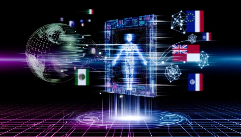 Futuristischer digitaler Pass mit vernetzten Datennetzwerken, menschlicher Figur und verwischten Staatssymbolen vor schwarzem Hintergrund.
