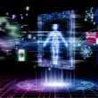 Futuristischer digitaler Pass mit vernetzten Datennetzwerken, menschlicher Figur und verwischten Staatssymbolen vor schwarzem Hintergrund.