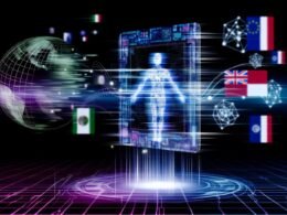 Futuristischer digitaler Pass mit vernetzten Datennetzwerken, menschlicher Figur und verwischten Staatssymbolen vor schwarzem Hintergrund.