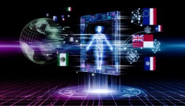 Futuristischer digitaler Pass mit vernetzten Datennetzwerken, menschlicher Figur und verwischten Staatssymbolen vor schwarzem Hintergrund.