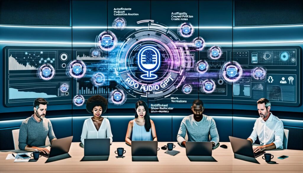 Innovative Marketing-Profis nutzen Laptops und Monitore mit Podcast-Analysen, KI-Shownotes und automatisierten Workflows. Futuristische Grafiken und Rephonic Audio GPT Logo verdeutlichen modernen, effizienten Arbeitsplatz.