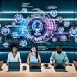 Innovative Marketing-Profis nutzen Laptops und Monitore mit Podcast-Analysen, KI-Shownotes und automatisierten Workflows. Futuristische Grafiken und Rephonic Audio GPT Logo verdeutlichen modernen, effizienten Arbeitsplatz.