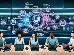 Innovative Marketing-Profis nutzen Laptops und Monitore mit Podcast-Analysen, KI-Shownotes und automatisierten Workflows. Futuristische Grafiken und Rephonic Audio GPT Logo verdeutlichen modernen, effizienten Arbeitsplatz.