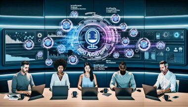 Innovative Marketing-Profis nutzen Laptops und Monitore mit Podcast-Analysen, KI-Shownotes und automatisierten Workflows. Futuristische Grafiken und Rephonic Audio GPT Logo verdeutlichen modernen, effizienten Arbeitsplatz.