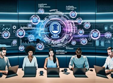 Innovative Marketing-Profis nutzen Laptops und Monitore mit Podcast-Analysen, KI-Shownotes und automatisierten Workflows. Futuristische Grafiken und Rephonic Audio GPT Logo verdeutlichen modernen, effizienten Arbeitsplatz.