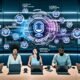 Innovative Marketing-Profis nutzen Laptops und Monitore mit Podcast-Analysen, KI-Shownotes und automatisierten Workflows. Futuristische Grafiken und Rephonic Audio GPT Logo verdeutlichen modernen, effizienten Arbeitsplatz.