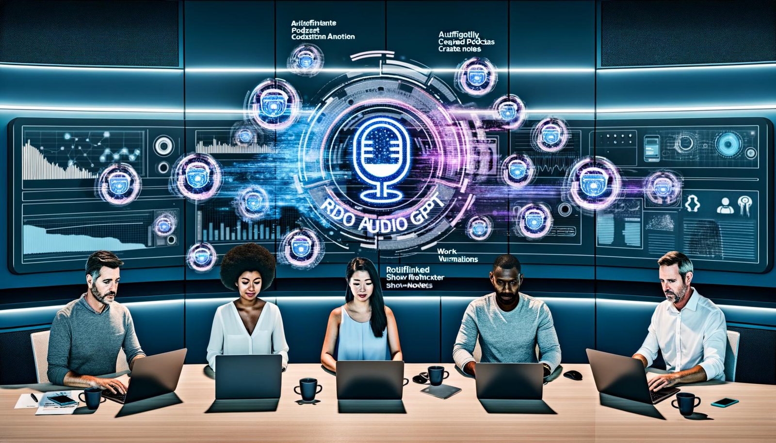 Innovative Marketing-Profis nutzen Laptops und Monitore mit Podcast-Analysen, KI-Shownotes und automatisierten Workflows. Futuristische Grafiken und Rephonic Audio GPT Logo verdeutlichen modernen, effizienten Arbeitsplatz.