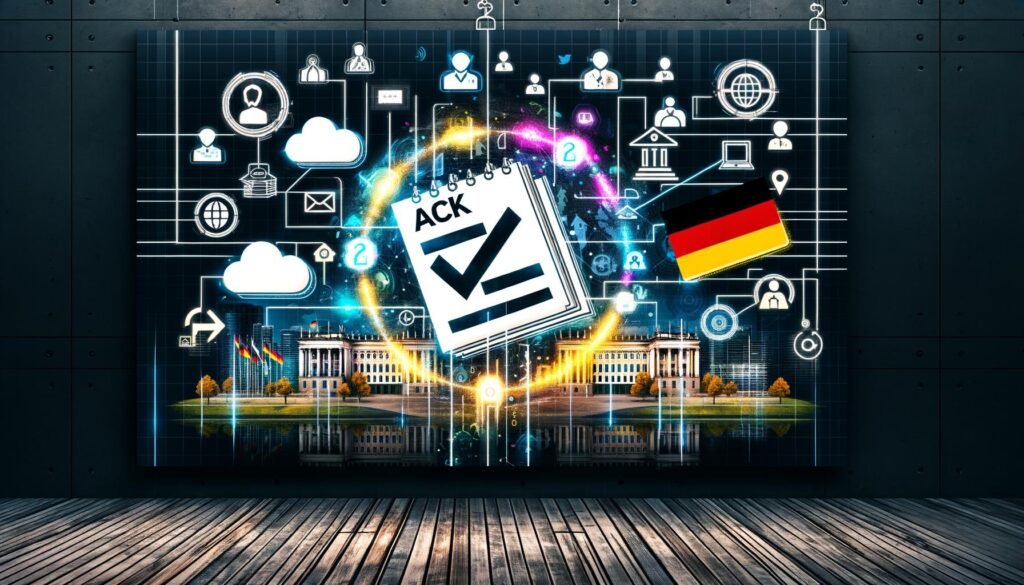 Digitalisierte Verwaltungsakte, umgeben von leuchtenden Datenströmen, API- und Cloud-Symbolen sowie Flaggen, vor einer behördlichen Stadtsilhouette und digital vernetzten Verwaltungselementen.