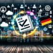 Digitalisierte Verwaltungsakte, umgeben von leuchtenden Datenströmen, API- und Cloud-Symbolen sowie Flaggen, vor einer behördlichen Stadtsilhouette und digital vernetzten Verwaltungselementen.