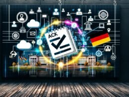 Digitalisierte Verwaltungsakte, umgeben von leuchtenden Datenströmen, API- und Cloud-Symbolen sowie Flaggen, vor einer behördlichen Stadtsilhouette und digital vernetzten Verwaltungselementen.