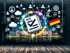 Digitalisierte Verwaltungsakte, umgeben von leuchtenden Datenströmen, API- und Cloud-Symbolen sowie Flaggen, vor einer behördlichen Stadtsilhouette und digital vernetzten Verwaltungselementen.