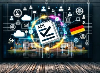 Digitalisierte Verwaltungsakte, umgeben von leuchtenden Datenströmen, API- und Cloud-Symbolen sowie Flaggen, vor einer behördlichen Stadtsilhouette und digital vernetzten Verwaltungselementen.