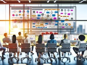 Modernes Online-Marketing-Team analysiert verschiedene Datenquellen auf großen Monitoren mit farbigen Dashboards, sichtbaren Fehlern und Warnsymbole betonen Herausforderungen bei der Datenqualität.