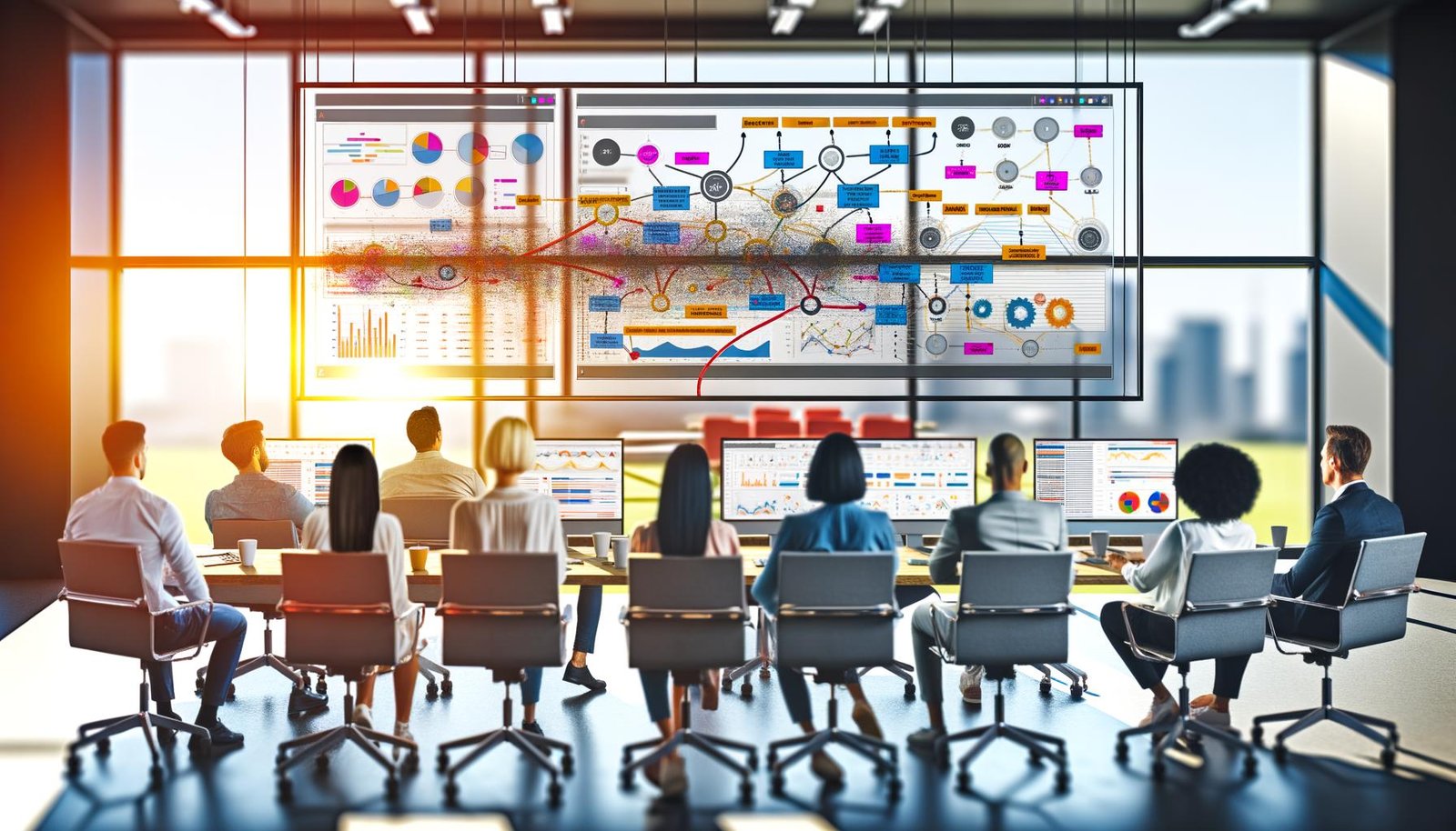 Modernes Online-Marketing-Team analysiert verschiedene Datenquellen auf großen Monitoren mit farbigen Dashboards, sichtbaren Fehlern und Warnsymbole betonen Herausforderungen bei der Datenqualität.