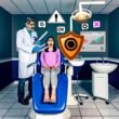Marketer im Zahnarztstuhl, umgeben von Datenschutz-Symbolen und Consent-Popups, während die Zahnärztin mit Datenschutz-Schild agiert.
