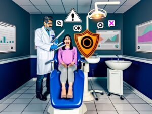 Marketer im Zahnarztstuhl, umgeben von Datenschutz-Symbolen und Consent-Popups, während die Zahnärztin mit Datenschutz-Schild agiert.