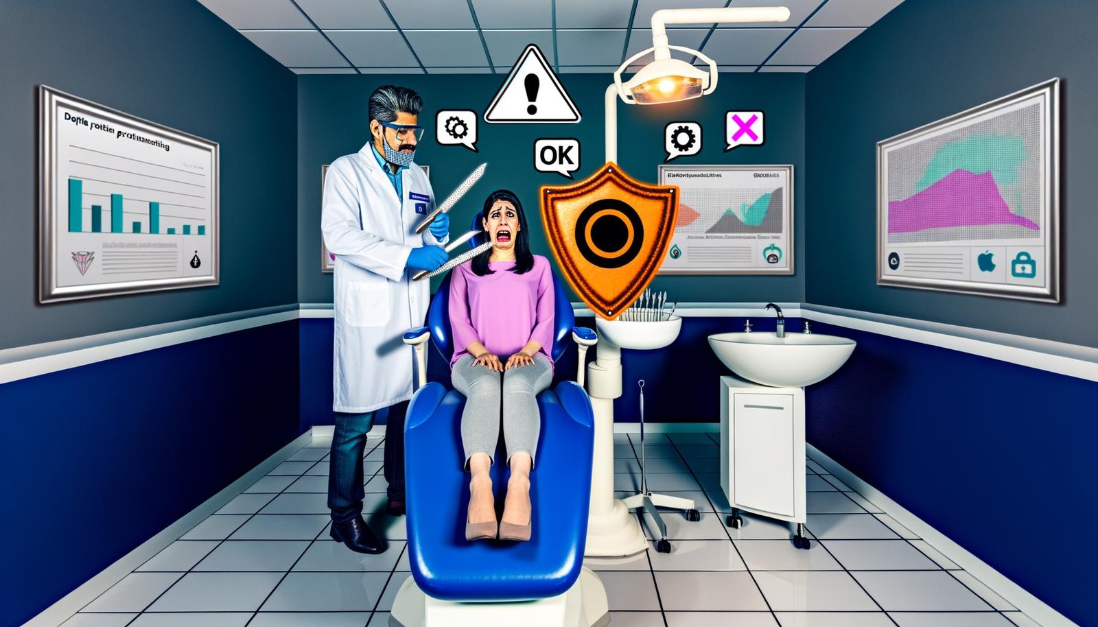 Marketer im Zahnarztstuhl, umgeben von Datenschutz-Symbolen und Consent-Popups, während die Zahnärztin mit Datenschutz-Schild agiert.