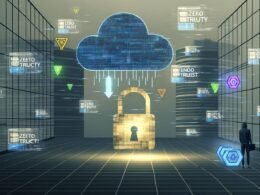 Stilisiertes Konzeptbild: Offenes Türschloss an Glastür, Datensicherheitsbegriffe darüber, leuchtende Datenströme in modernen Bürogebäuden, verstreute App- und Server-Symbole mit Warnzeichen, Cloud mit Datenflüssen und lauernde Person im Hoodie.