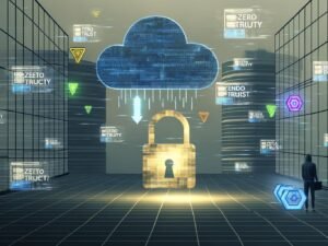 Stilisiertes Konzeptbild: Offenes Türschloss an Glastür, Datensicherheitsbegriffe darüber, leuchtende Datenströme in modernen Bürogebäuden, verstreute App- und Server-Symbole mit Warnzeichen, Cloud mit Datenflüssen und lauernde Person im Hoodie.