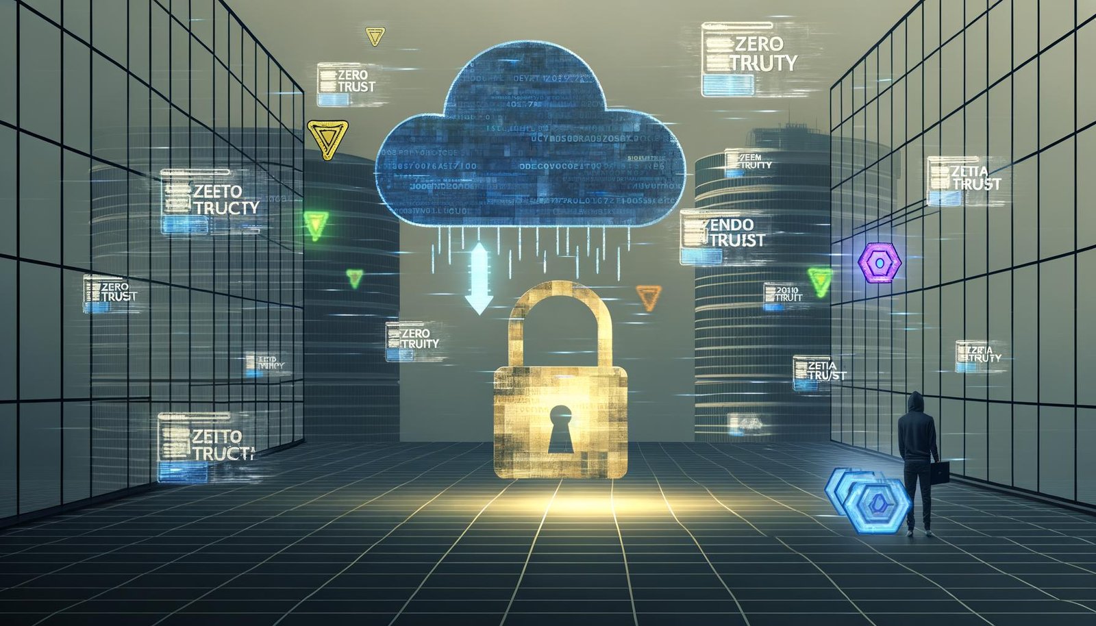 Stilisiertes Konzeptbild: Offenes Türschloss an Glastür, Datensicherheitsbegriffe darüber, leuchtende Datenströme in modernen Bürogebäuden, verstreute App- und Server-Symbole mit Warnzeichen, Cloud mit Datenflüssen und lauernde Person im Hoodie.