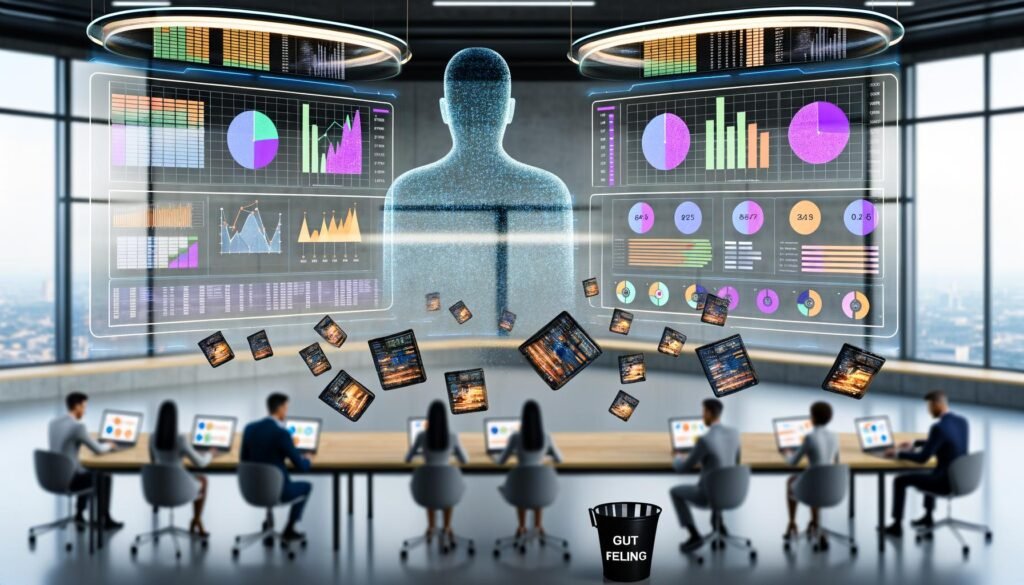 Futuristisches Open-Space-Büro mit riesigen Digital-Dashboards, Marketer an Laptops, leuchtenden Datenvisualisierungen und einer holografischen KI-Figur, die Marketingdaten analysiert.