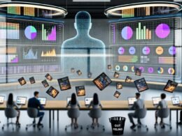 Futuristisches Open-Space-Büro mit riesigen Digital-Dashboards, Marketer an Laptops, leuchtenden Datenvisualisierungen und einer holografischen KI-Figur, die Marketingdaten analysiert.