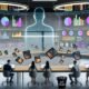 Futuristisches Open-Space-Büro mit riesigen Digital-Dashboards, Marketer an Laptops, leuchtenden Datenvisualisierungen und einer holografischen KI-Figur, die Marketingdaten analysiert.